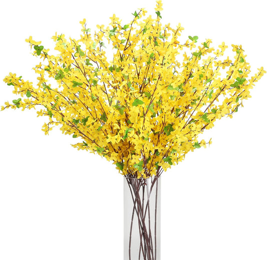 10PCS 34.65'' Artificial Forsythia Branches Yellow Flowers Long Stem | Fake Forsythia Blossom Long Stems Fake Winter Jasmine Cemetery Flowers for Home Table Wedding Graveyard Indoor Outdoor Decor