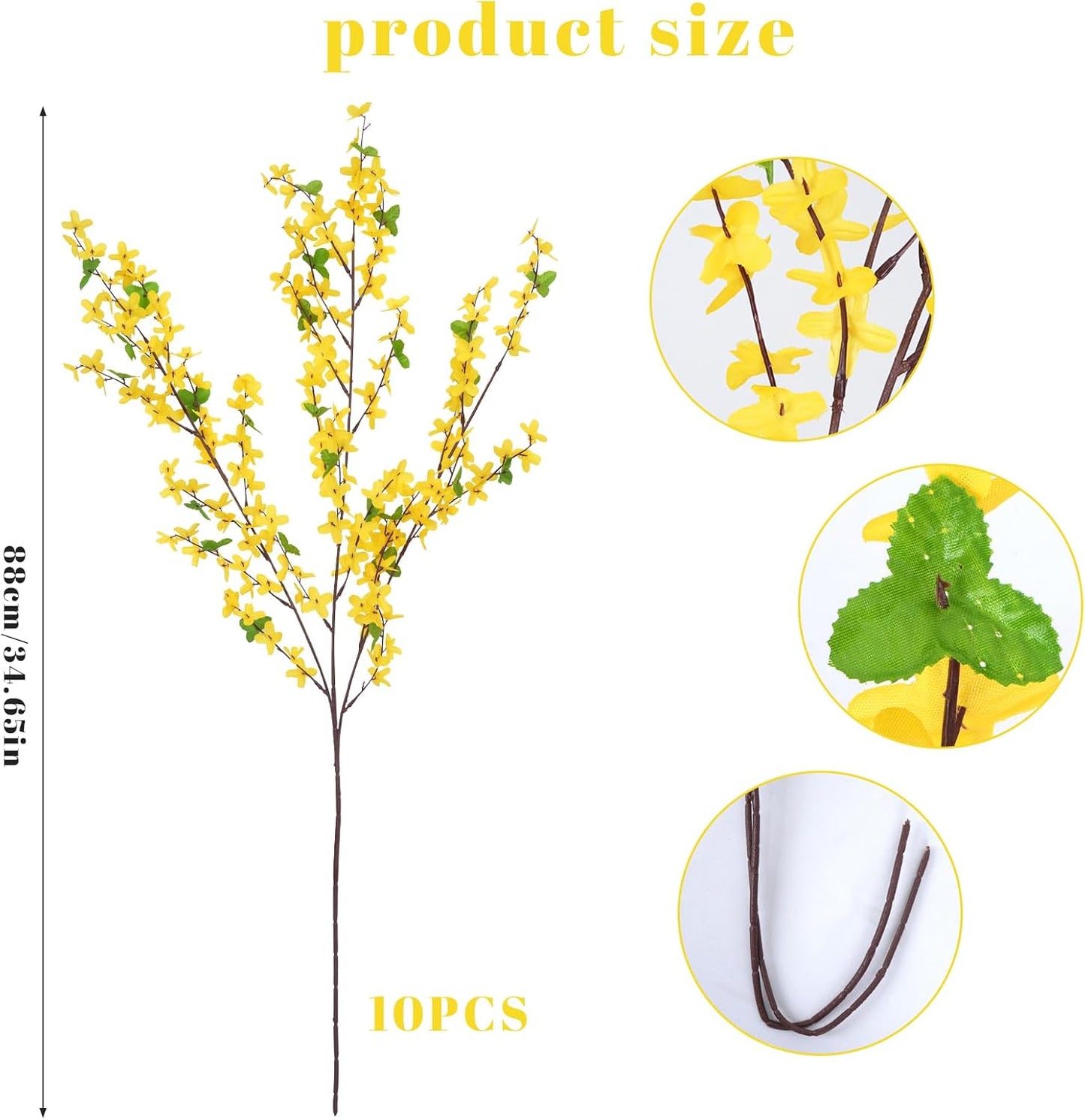 10PCS 34.65'' Artificial Forsythia Branches Yellow Flowers Long Stem | Fake Forsythia Blossom Long Stems Fake Winter Jasmine Cemetery Flowers for Home Table Wedding Graveyard Indoor Outdoor Decor