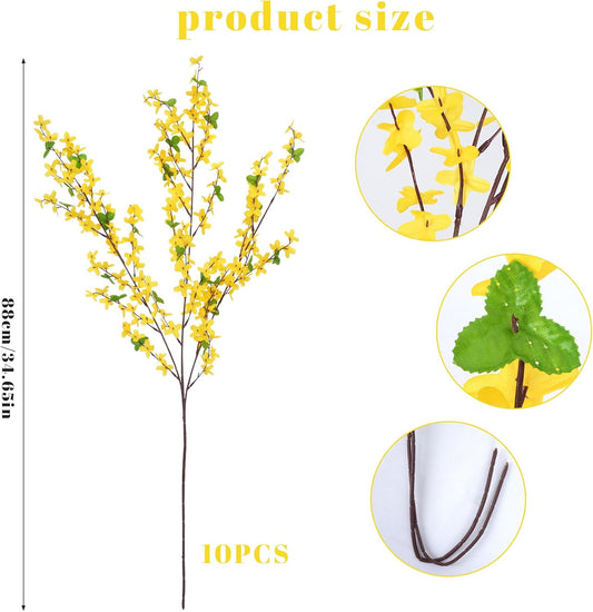 10PCS 34.65'' Artificial Forsythia Branches Yellow Flowers Long Stem | Fake Forsythia Blossom Long Stems Fake Winter Jasmine Cemetery Flowers for Home Table Wedding Graveyard Indoor Outdoor Decor