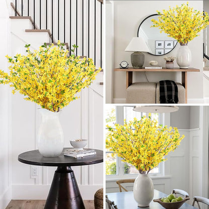 10PCS 34.65'' Artificial Forsythia Branches Yellow Flowers Long Stem | Fake Forsythia Blossom Long Stems Fake Winter Jasmine Cemetery Flowers for Home Table Wedding Graveyard Indoor Outdoor Decor