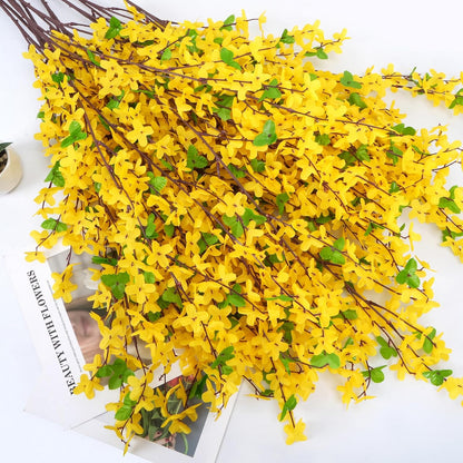 10PCS 34.65'' Artificial Forsythia Branches Yellow Flowers Long Stem | Fake Forsythia Blossom Long Stems Fake Winter Jasmine Cemetery Flowers for Home Table Wedding Graveyard Indoor Outdoor Decor
