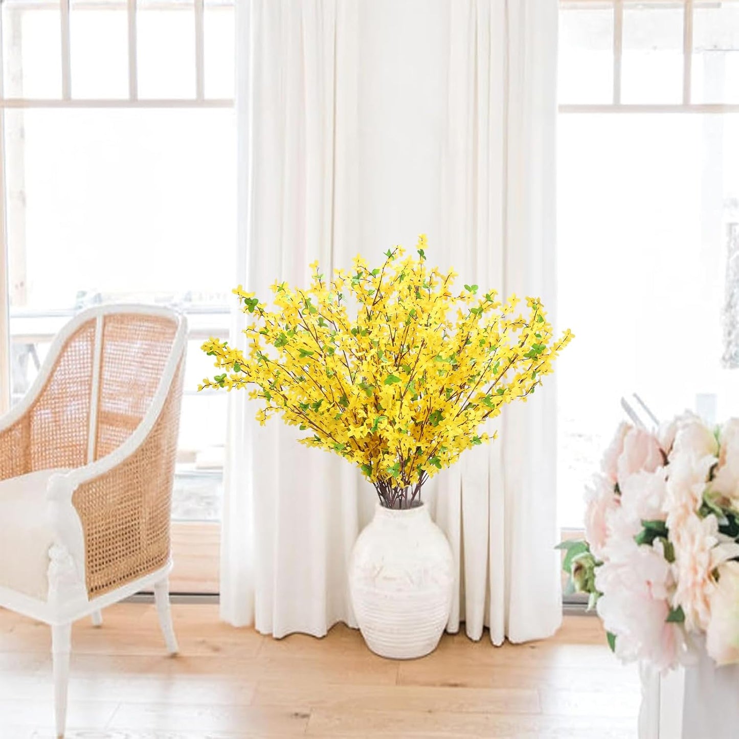 10PCS 34.65'' Artificial Forsythia Branches Yellow Flowers Long Stem | Fake Forsythia Blossom Long Stems Fake Winter Jasmine Cemetery Flowers for Home Table Wedding Graveyard Indoor Outdoor Decor