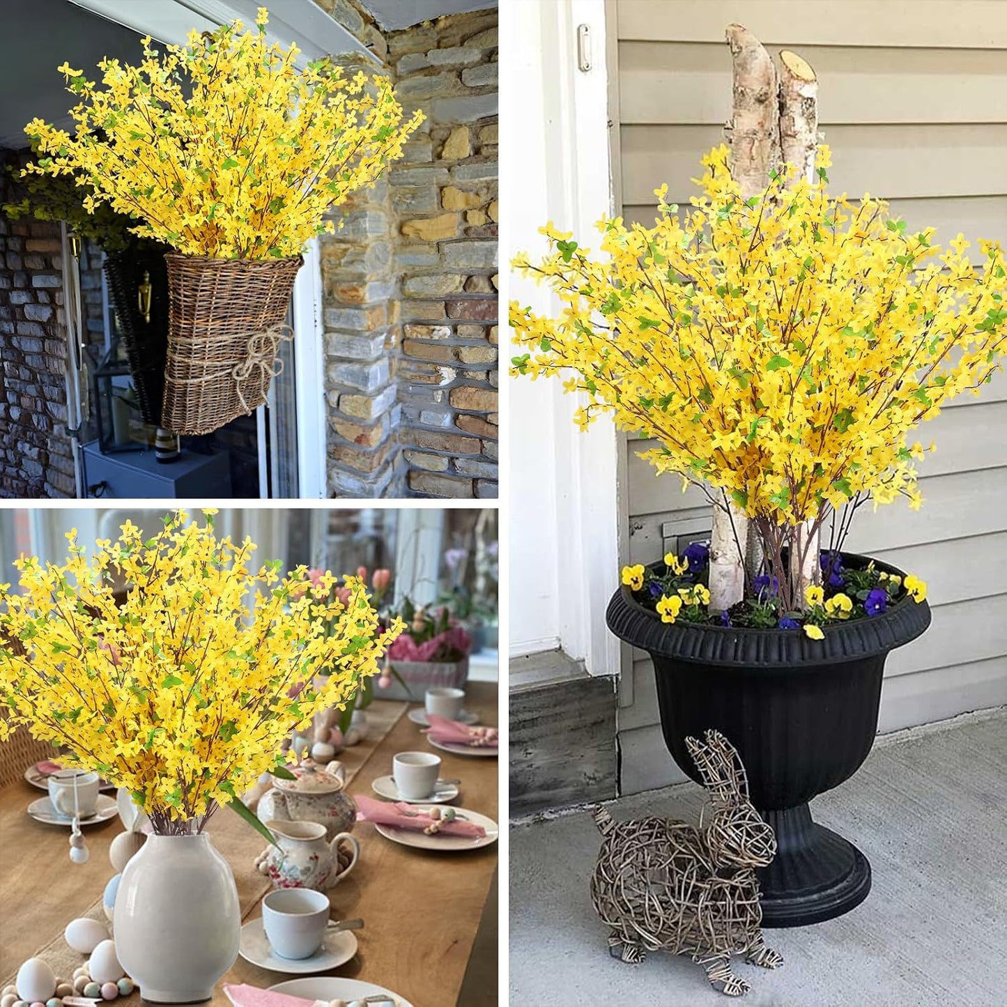 10PCS 34.65'' Artificial Forsythia Branches Yellow Flowers Long Stem | Fake Forsythia Blossom Long Stems Fake Winter Jasmine Cemetery Flowers for Home Table Wedding Graveyard Indoor Outdoor Decor