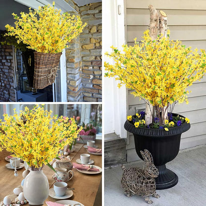 10PCS 34.65'' Artificial Forsythia Branches Yellow Flowers Long Stem | Fake Forsythia Blossom Long Stems Fake Winter Jasmine Cemetery Flowers for Home Table Wedding Graveyard Indoor Outdoor Decor