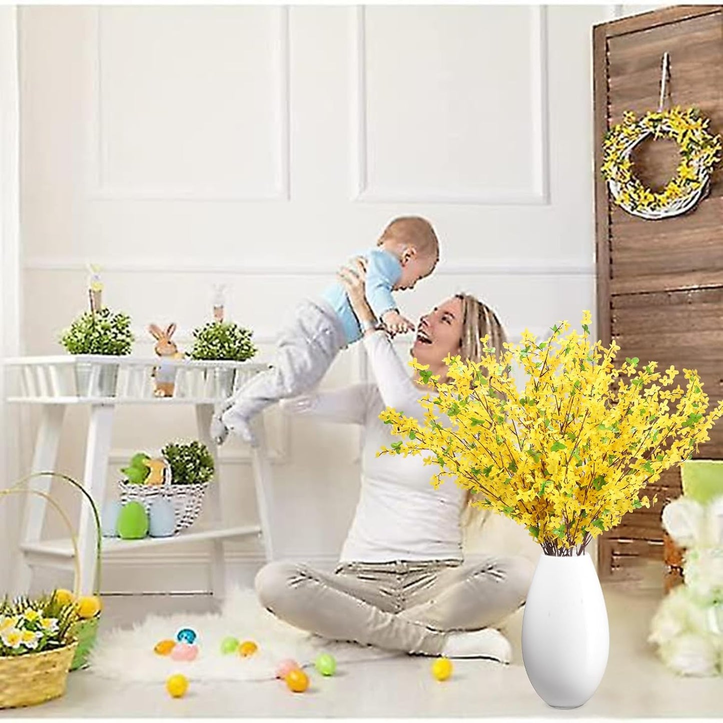 10PCS 34.65'' Artificial Forsythia Branches Yellow Flowers Long Stem | Fake Forsythia Blossom Long Stems Fake Winter Jasmine Cemetery Flowers for Home Table Wedding Graveyard Indoor Outdoor Decor