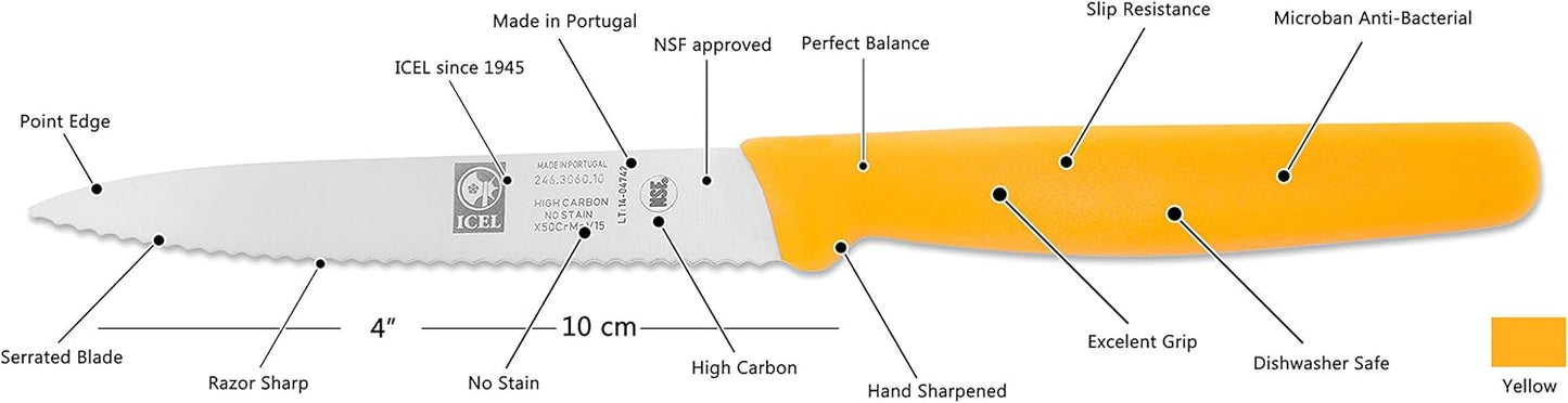 4 Inch Paring Knife, Serrated Edge - Point Tip - High Carbon German Stainless Steel Razor-Sharp Blade, Yellow Handle