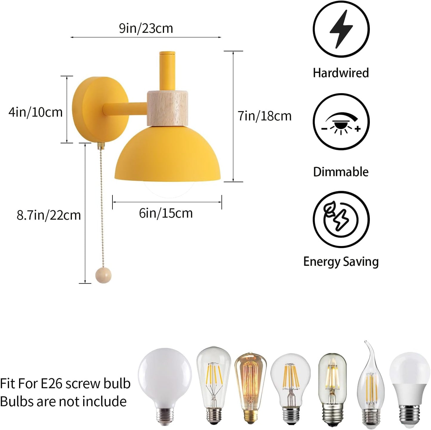 1-Light Nordic Bathroom Wall Sconce with Pull Chain Switch, Modern Vanity Wall Lamp, Bedside Wall Lights for Mirror Kitchen Living Room Hallway Cabinet Porch(Yellow)