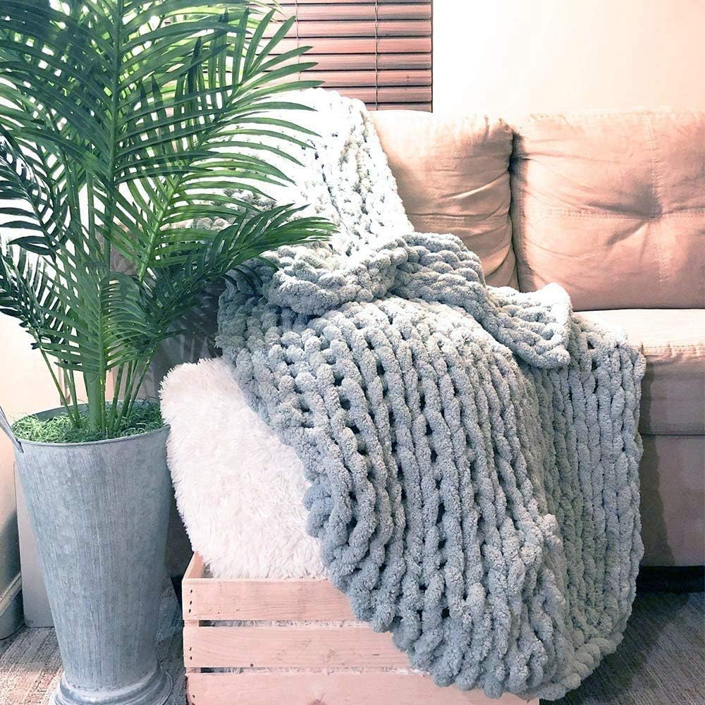 Chunky Knit Blanket Warm Throw Knitted Throw Blankets for Couch Bed Fluffy Soft Blanket with Jumbo Chenille Yarn Thick Handmade,Yellow,50 * 50 cm