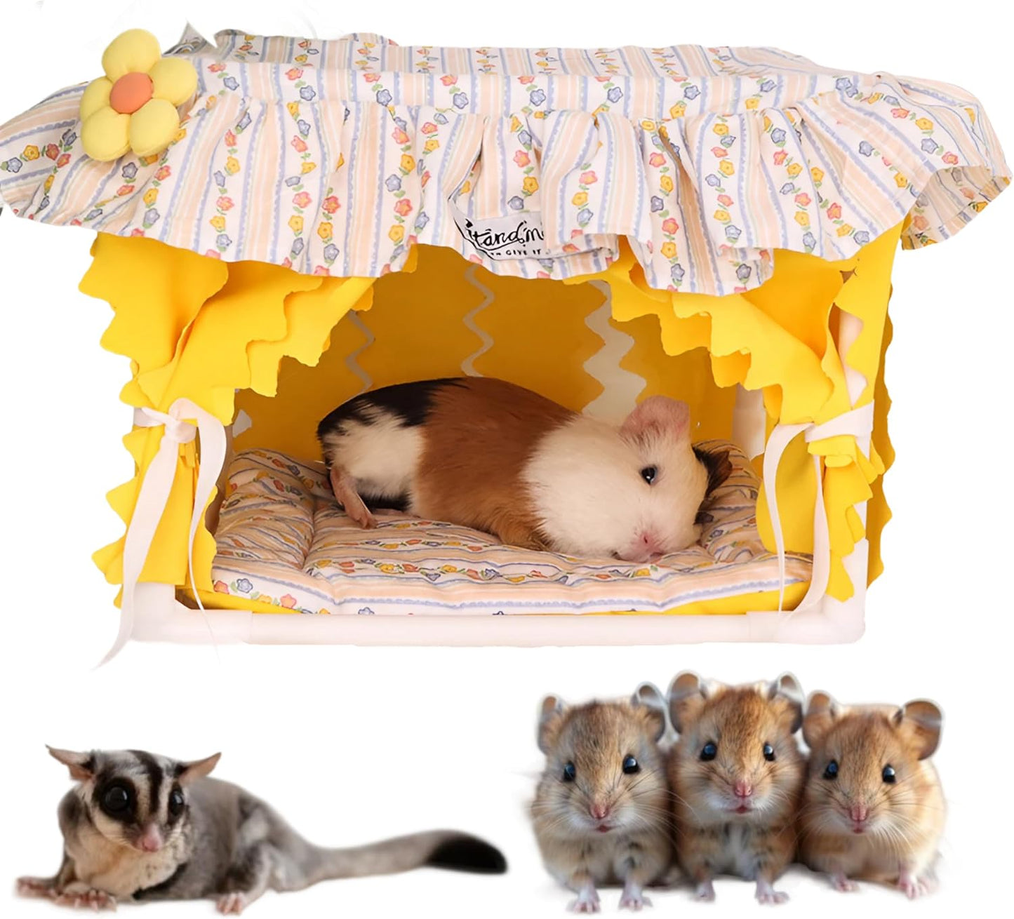 Guinea Pig Bed Hideout XXS Rabbit Rat Pet Sleeping House Cave Bunk Bed Double Hammock Guinea Pig Bed Washable Waterproof (Yellow)