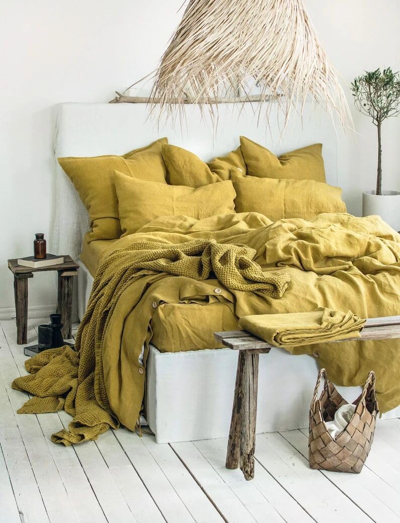 Linen Bedding Set in Yellow Ochre. Duvet Cover & 2 Pillowcases Set in Cal King, Queen, Full, Double, Twin. Lemon Yellow Linen Bedding (Queen 90x90)