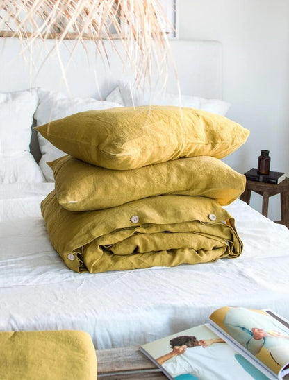 Linen Bedding Set in Yellow Ochre. Duvet Cover & 2 Pillowcases Set in Cal King, Queen, Full, Double, Twin. Lemon Yellow Linen Bedding (Queen 90x90)