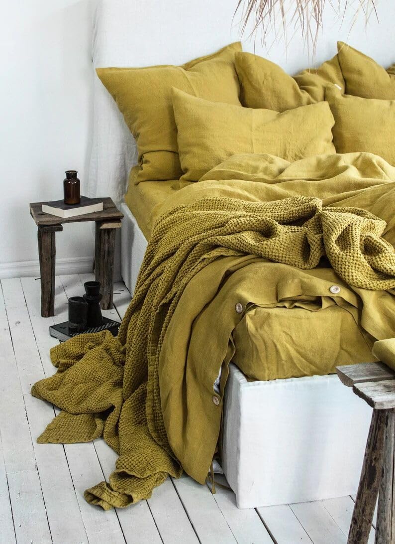 Linen Bedding Set in Yellow Ochre. Duvet Cover & 2 Pillowcases Set in Cal King, Queen, Full, Double, Twin. Lemon Yellow Linen Bedding (Queen 90x90)