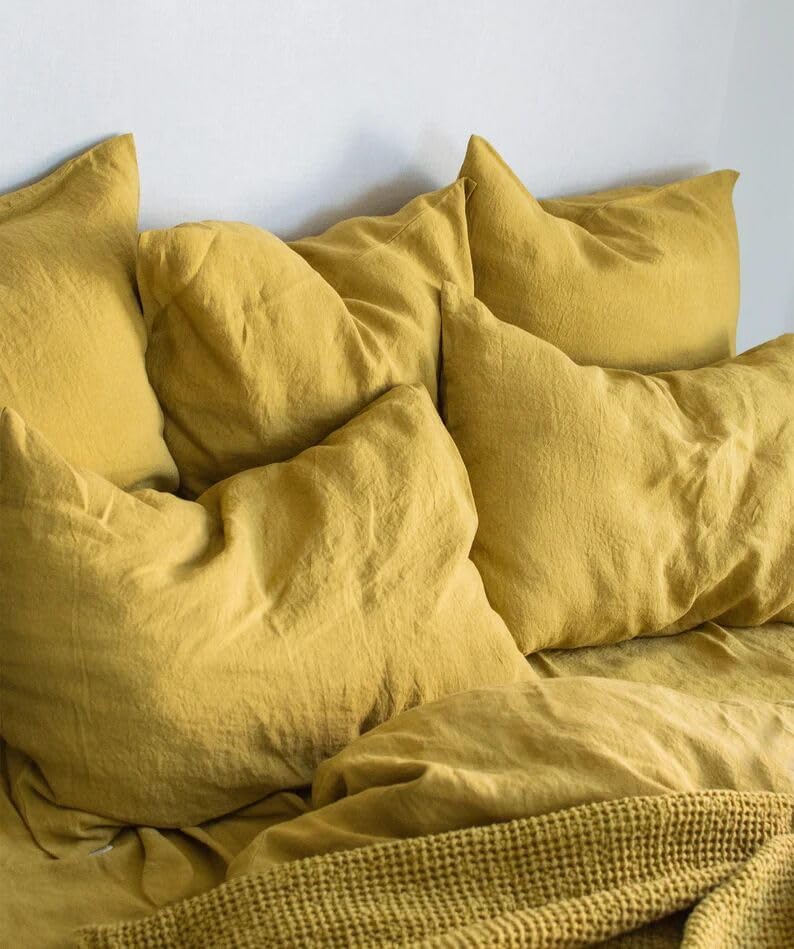 Linen Bedding Set in Yellow Ochre. Duvet Cover & 2 Pillowcases Set in Cal King, Queen, Full, Double, Twin. Lemon Yellow Linen Bedding (Queen 90x90)