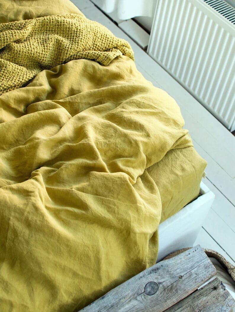 Linen Bedding Set in Yellow Ochre. Duvet Cover & 2 Pillowcases Set in Cal King, Queen, Full, Double, Twin. Lemon Yellow Linen Bedding (Queen 90x90)