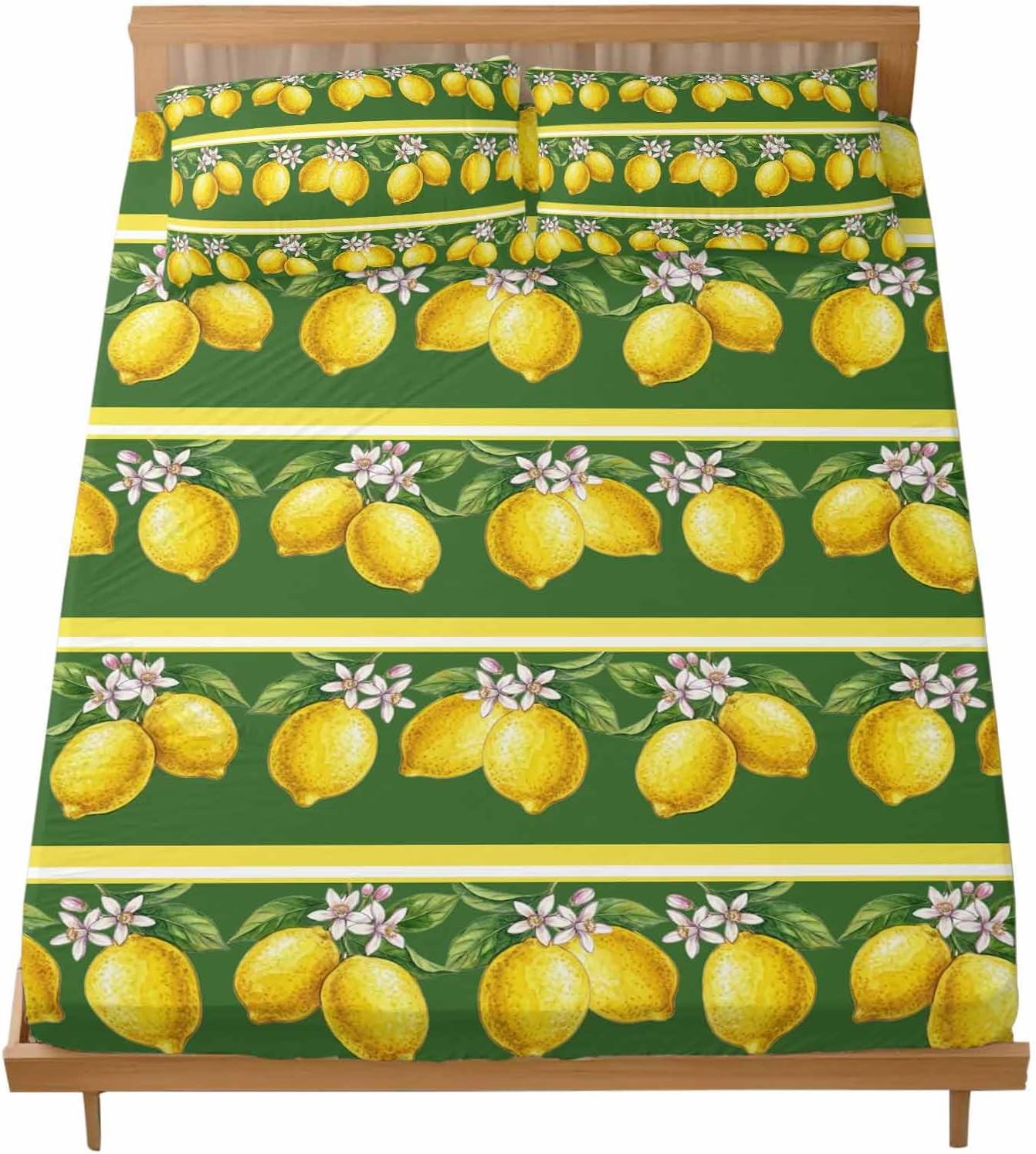 Twin XL Size Fitted Sheet Set - Lemon Summer 2 Piece Bedding Sets 16" Deep Pocket Fitted Sheet with 1 Pillowcases, Watercolor Fruits Green Yellow Stripes Brushed Microfiber Hotel Luxury Bed Sheets