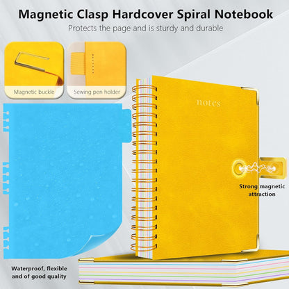 Hardcover Spiral Notebook College Ruled, 6.2"x 8.2" Leather Journal Notebook with Magnetic Closure, 300 Pages 5 Subject Notebook with Dividers Tabs Journal for Women Men, Work, School(Yellow)