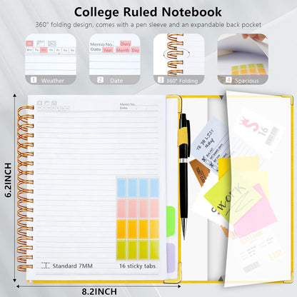 Hardcover Spiral Notebook College Ruled, 6.2"x 8.2" Leather Journal Notebook with Magnetic Closure, 300 Pages 5 Subject Notebook with Dividers Tabs Journal for Women Men, Work, School(Yellow)