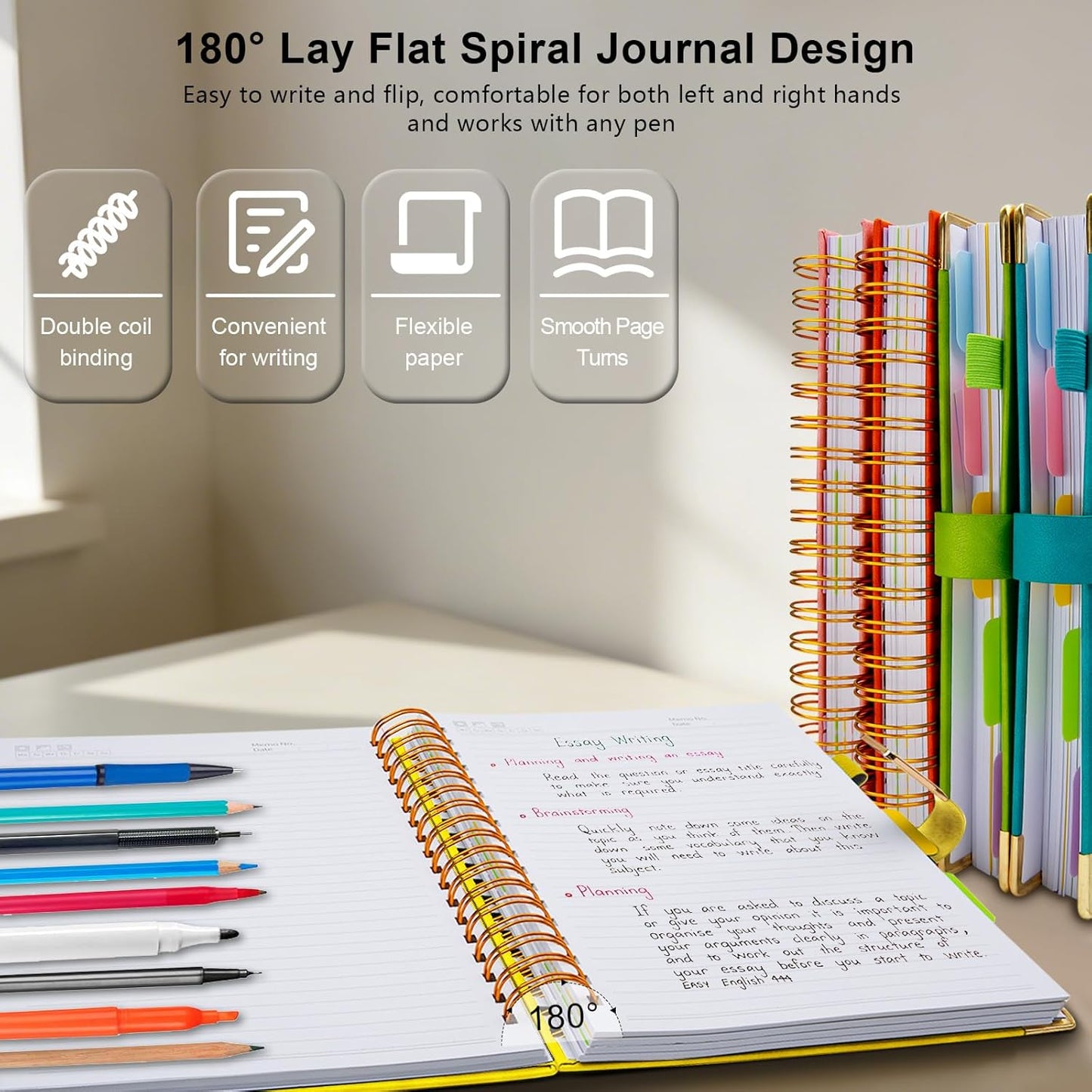 Hardcover Spiral Notebook College Ruled, 6.2"x 8.2" Leather Journal Notebook with Magnetic Closure, 300 Pages 5 Subject Notebook with Dividers Tabs Journal for Women Men, Work, School(Yellow)