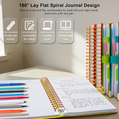 Hardcover Spiral Notebook College Ruled, 6.2"x 8.2" Leather Journal Notebook with Magnetic Closure, 300 Pages 5 Subject Notebook with Dividers Tabs Journal for Women Men, Work, School(Yellow)
