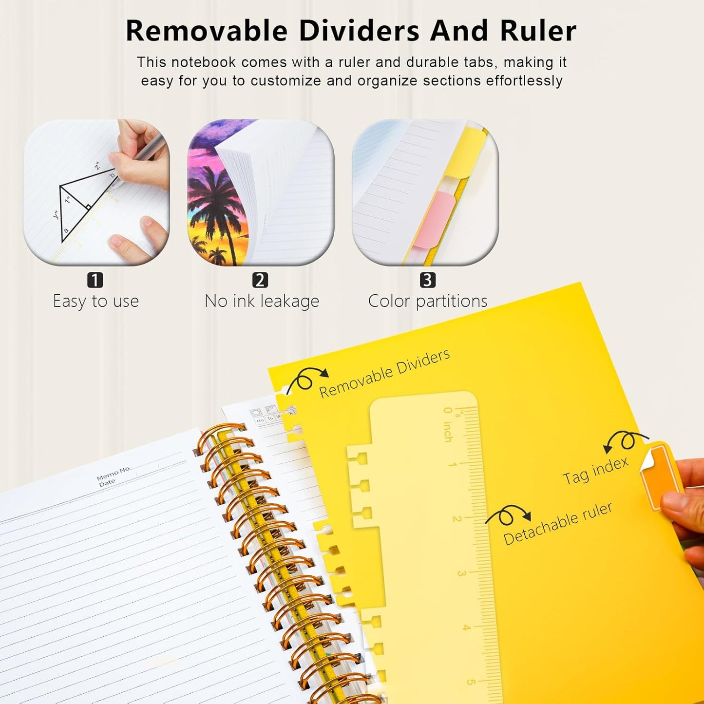 Hardcover Spiral Notebook College Ruled, 6.2"x 8.2" Leather Journal Notebook with Magnetic Closure, 300 Pages 5 Subject Notebook with Dividers Tabs Journal for Women Men, Work, School(Yellow)