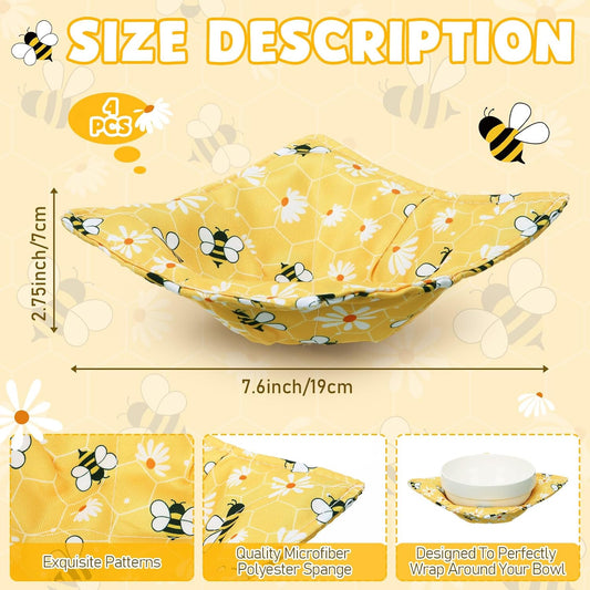 4 Pcs Cotton Microwave Bowl Cozy Holders for Hot Food Hot Pads Soup Bowl Potholders Heat Resistant Multipurpose Quilted Safe Holders for Kitchen Plate Supply(Bright Yellow,Bee Style)