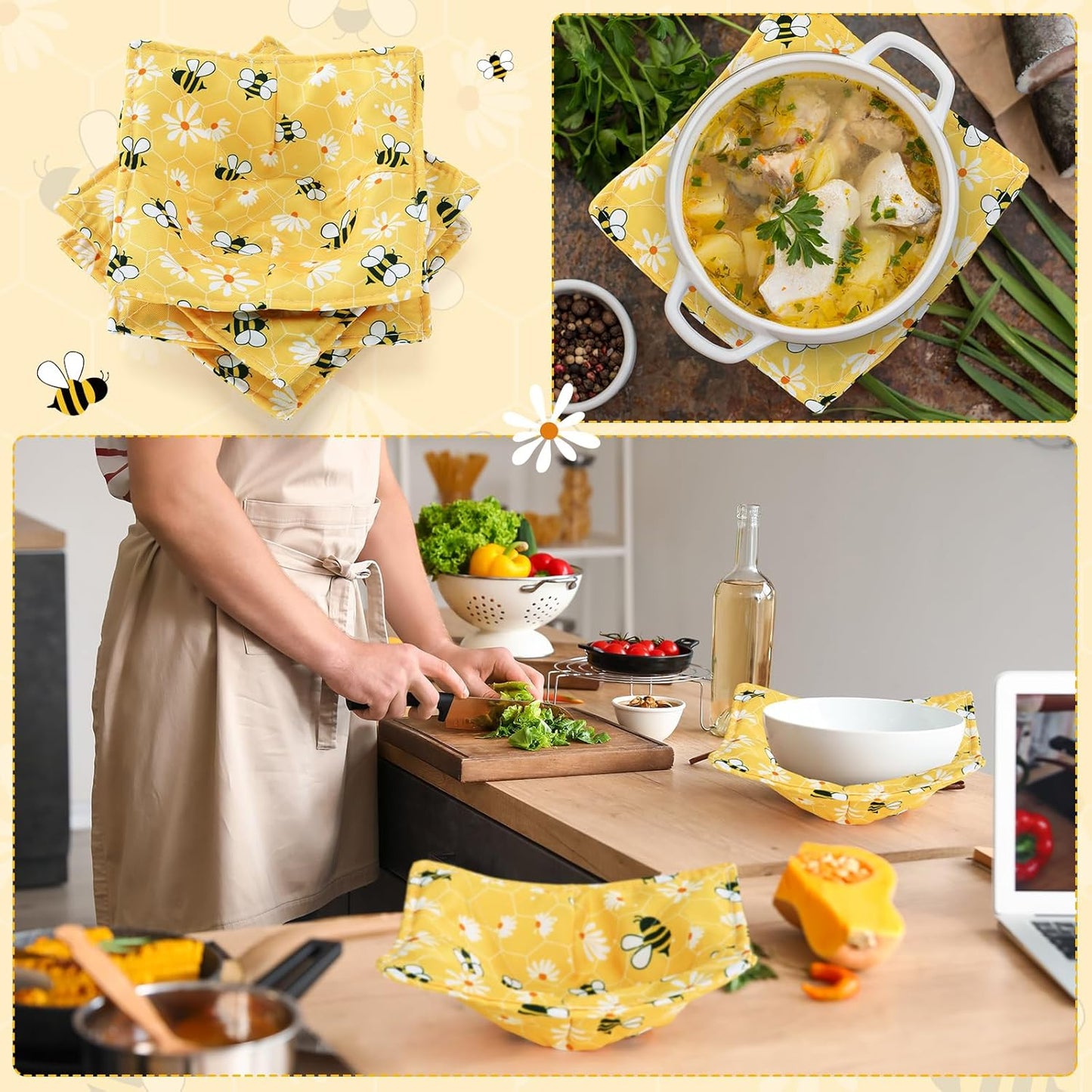 4 Pcs Cotton Microwave Bowl Cozy Holders for Hot Food Hot Pads Soup Bowl Potholders Heat Resistant Multipurpose Quilted Safe Holders for Kitchen Plate Supply(Bright Yellow,Bee Style)