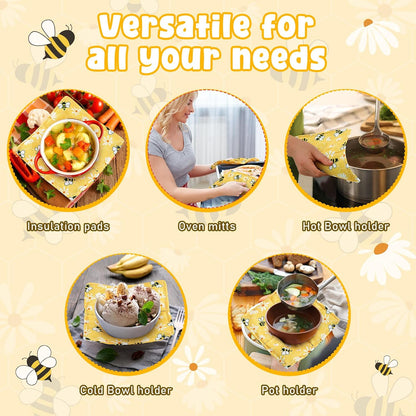 4 Pcs Cotton Microwave Bowl Cozy Holders for Hot Food Hot Pads Soup Bowl Potholders Heat Resistant Multipurpose Quilted Safe Holders for Kitchen Plate Supply(Bright Yellow,Bee Style)