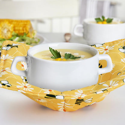 4 Pcs Cotton Microwave Bowl Cozy Holders for Hot Food Hot Pads Soup Bowl Potholders Heat Resistant Multipurpose Quilted Safe Holders for Kitchen Plate Supply(Bright Yellow,Bee Style)