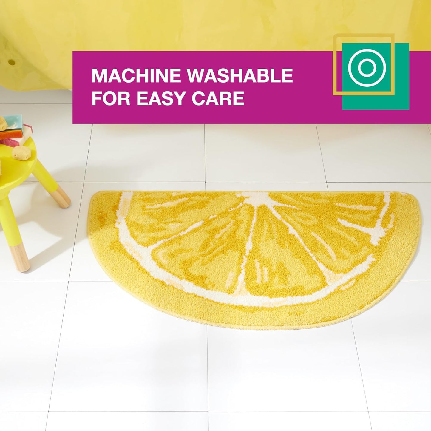 Town & Country Play Citrus Slice Lemon Half Circle Shaped Bath Mat, Absorbent Tufted Floor Mat, Non-Slip Backing, Machine Washable, Yellow, 34.7"x18.1"
