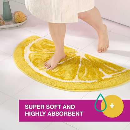 Town & Country Play Citrus Slice Lemon Half Circle Shaped Bath Mat, Absorbent Tufted Floor Mat, Non-Slip Backing, Machine Washable, Yellow, 34.7"x18.1"