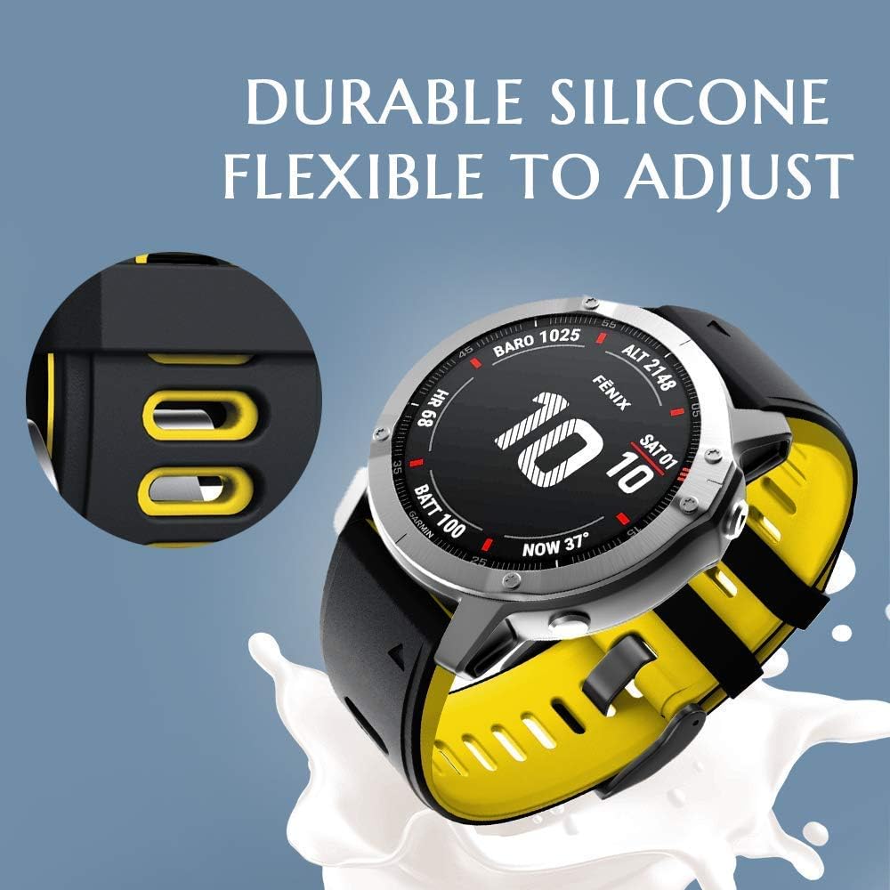 for Fenix 6/7/5/8 47mm Watch Band, 22mm Silicone Soft Band Replacement for Fenix 6 Pro/5 Plus/7 Pro Smartwatch(Black-Yellow)