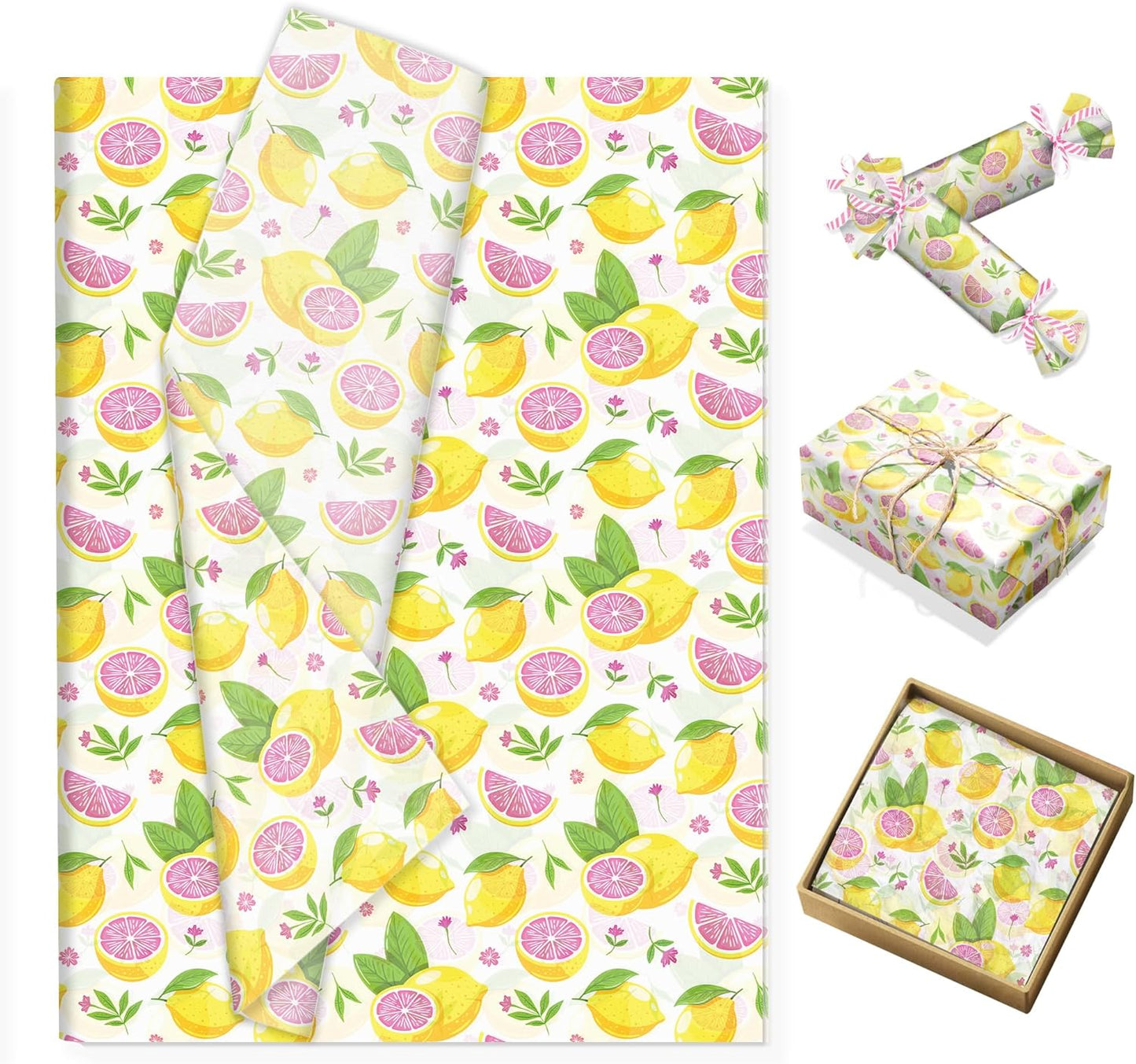100 Sheets Pink Lemon Patterns Tissue Paper Summer Fruit Lemon Wrapping Art Tissue for Festival Birthday Wedding DIY Crafts Party Decor,13.8 x 19.7 inches