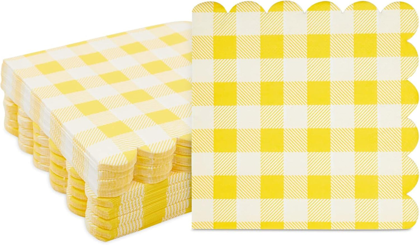 Yellow Plaid Paper Napkins for Birthday Party, Wedding - 6.5 x 6.5 Inch - 100 Pack - Yellow Disposable Checked Napkins