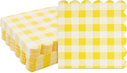 Yellow Plaid Paper Napkins for Birthday Party, Wedding - 6.5 x 6.5 Inch - 100 Pack - Yellow Disposable Checked Napkins