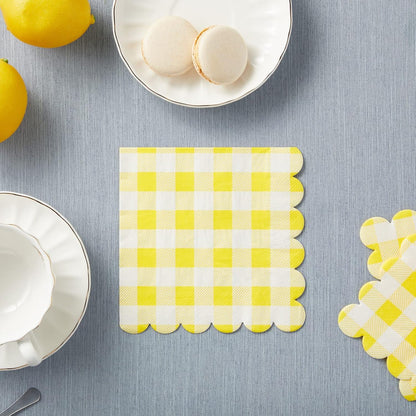 Yellow Plaid Paper Napkins for Birthday Party, Wedding - 6.5 x 6.5 Inch - 100 Pack - Yellow Disposable Checked Napkins