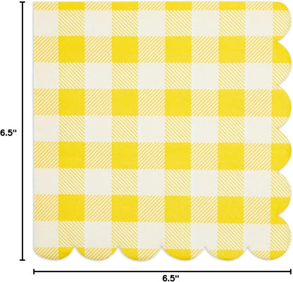 Yellow Plaid Paper Napkins for Birthday Party, Wedding - 6.5 x 6.5 Inch - 100 Pack - Yellow Disposable Checked Napkins