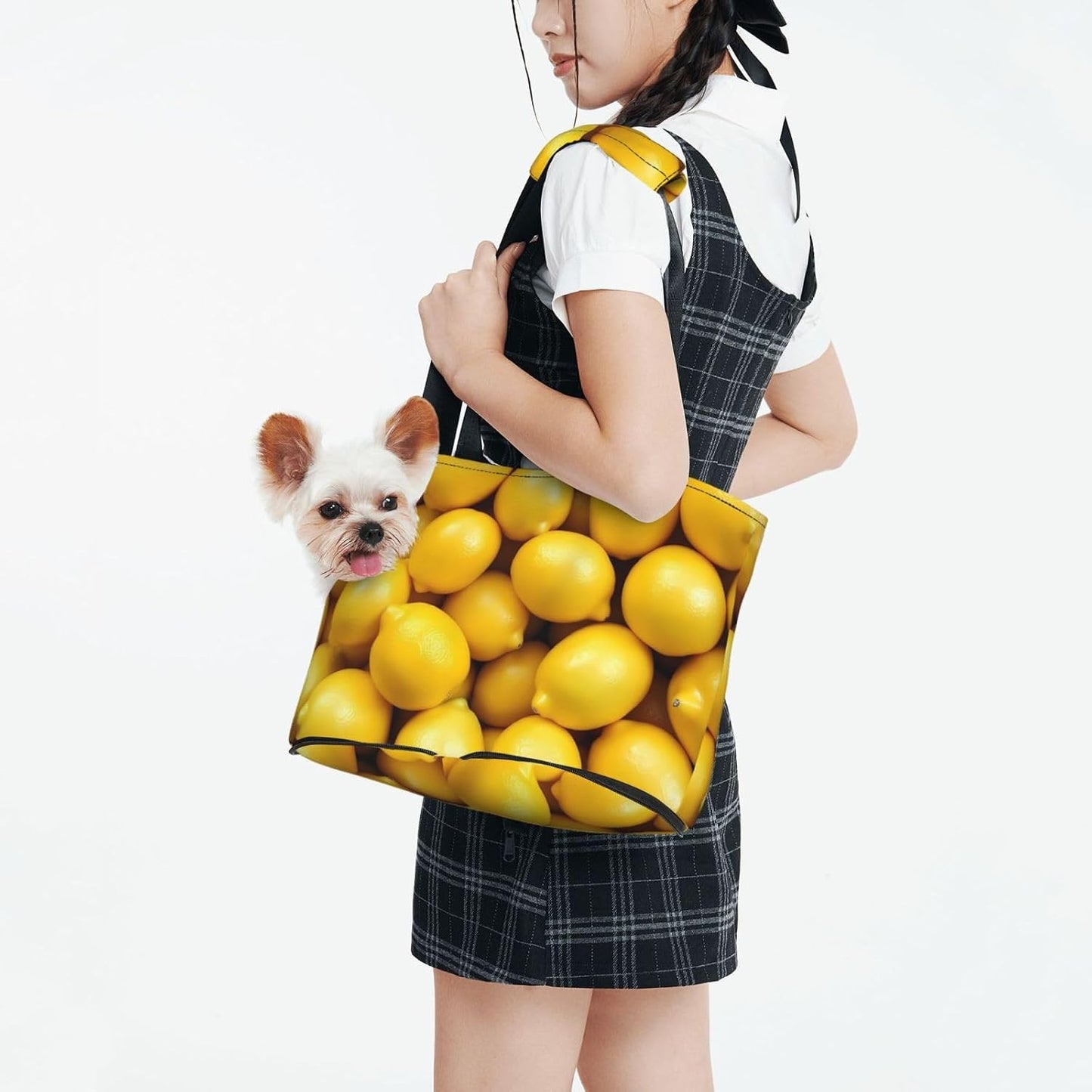 Ripe Yellow Lemon Print Foldable Pet Tote Bag, Shoulder Carrier for Small Dogs and Cats