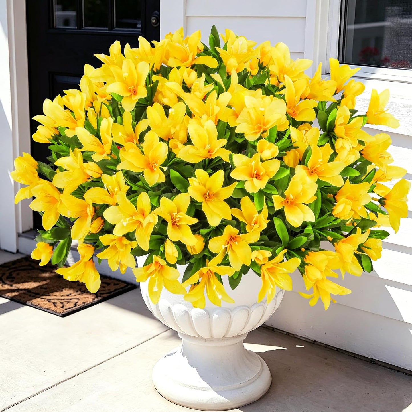 8 Bundles Artificial Azalea Flowers for Outdoors, Yellow | Fake silk flowers, UV resistant, for summer front door planter garden patio window box balcony walkway home decor