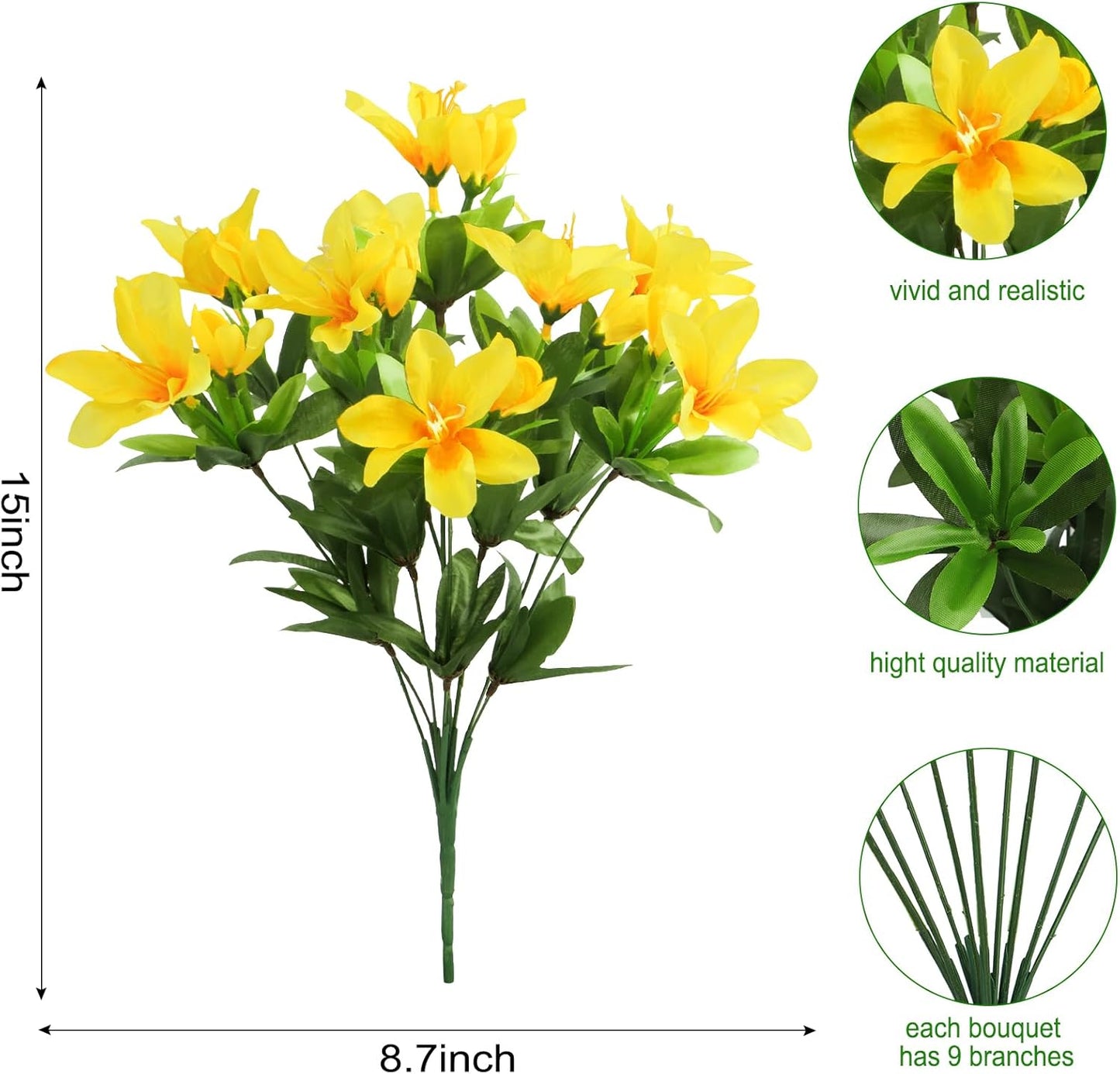 8 Bundles Artificial Azalea Flowers for Outdoors, Yellow | Fake silk flowers, UV resistant, for summer front door planter garden patio window box balcony walkway home decor