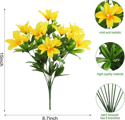 8 Bundles Artificial Azalea Flowers for Outdoors, Yellow | Fake silk flowers, UV resistant, for summer front door planter garden patio window box balcony walkway home decor