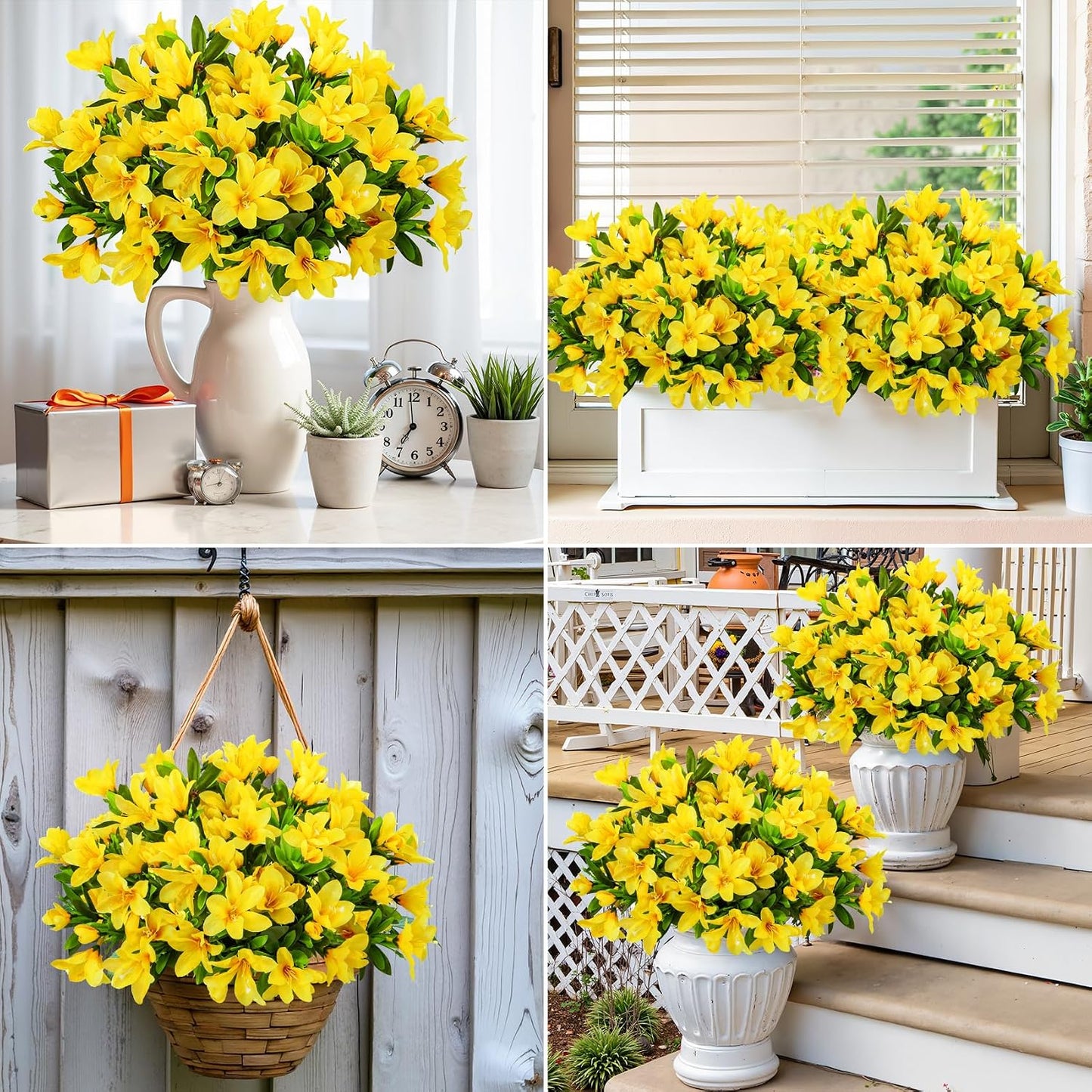 8 Bundles Artificial Azalea Flowers for Outdoors, Yellow | Fake silk flowers, UV resistant, for summer front door planter garden patio window box balcony walkway home decor