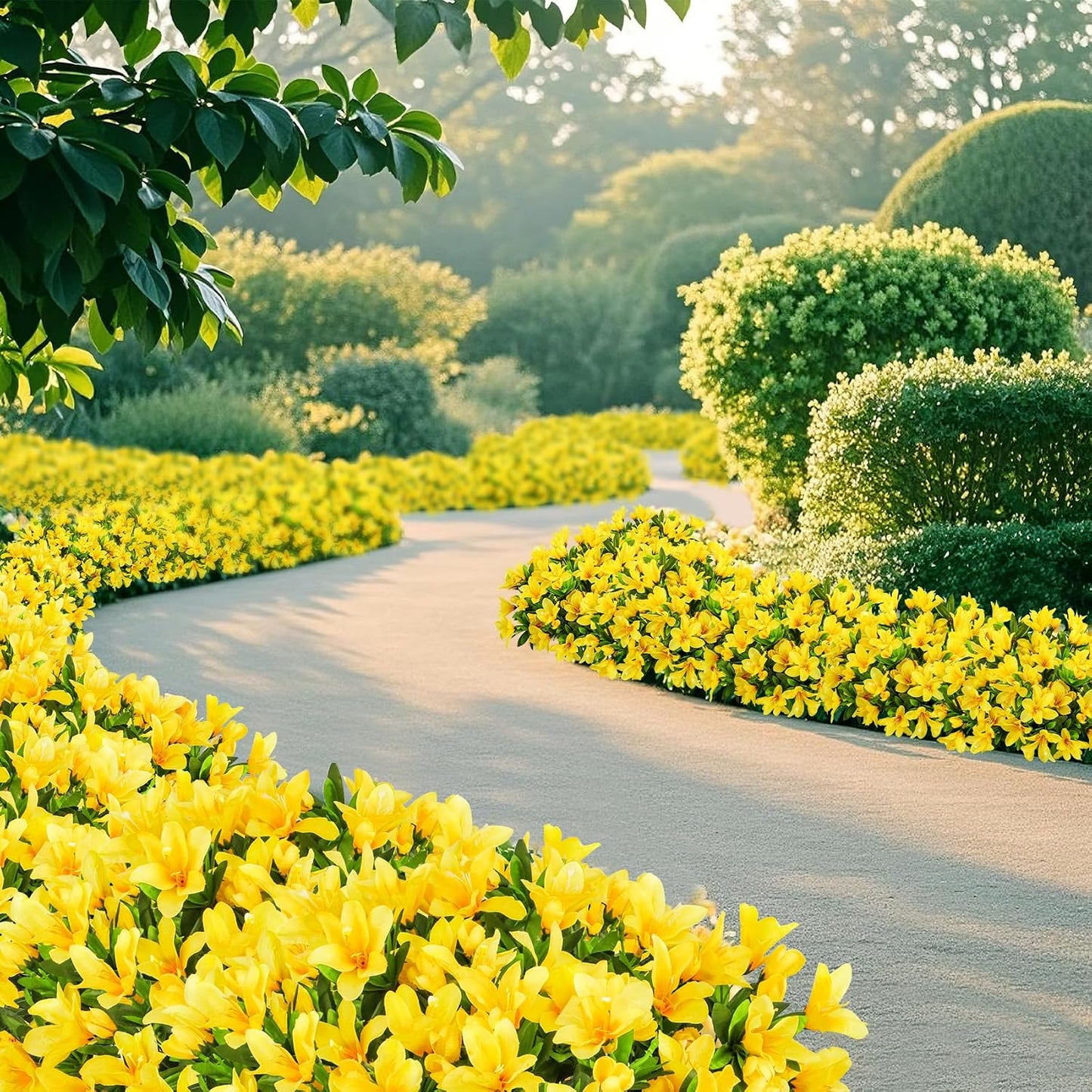 8 Bundles Artificial Azalea Flowers for Outdoors, Yellow | Fake silk flowers, UV resistant, for summer front door planter garden patio window box balcony walkway home decor