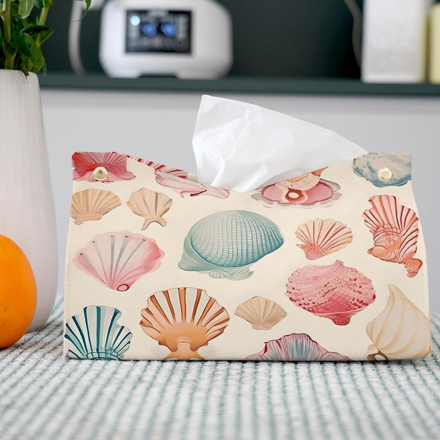 Yellow Seashell Tissue Box Cover Rectangle,Coastal Beach Decorative Tissue Holder,Summer Ocean Shell Tissue Case for Home Bathroom Office Desk Decorative,9.8x5.9x7 Inch