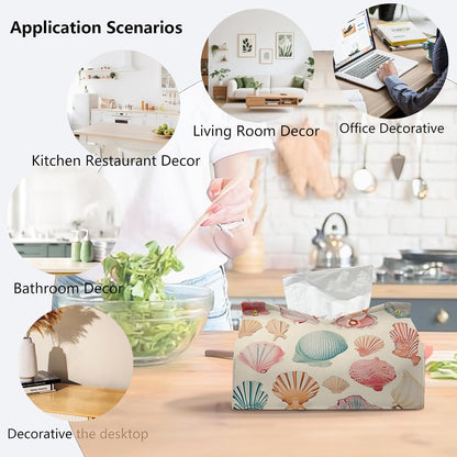 Yellow Seashell Tissue Box Cover Rectangle,Coastal Beach Decorative Tissue Holder,Summer Ocean Shell Tissue Case for Home Bathroom Office Desk Decorative,9.8x5.9x7 Inch