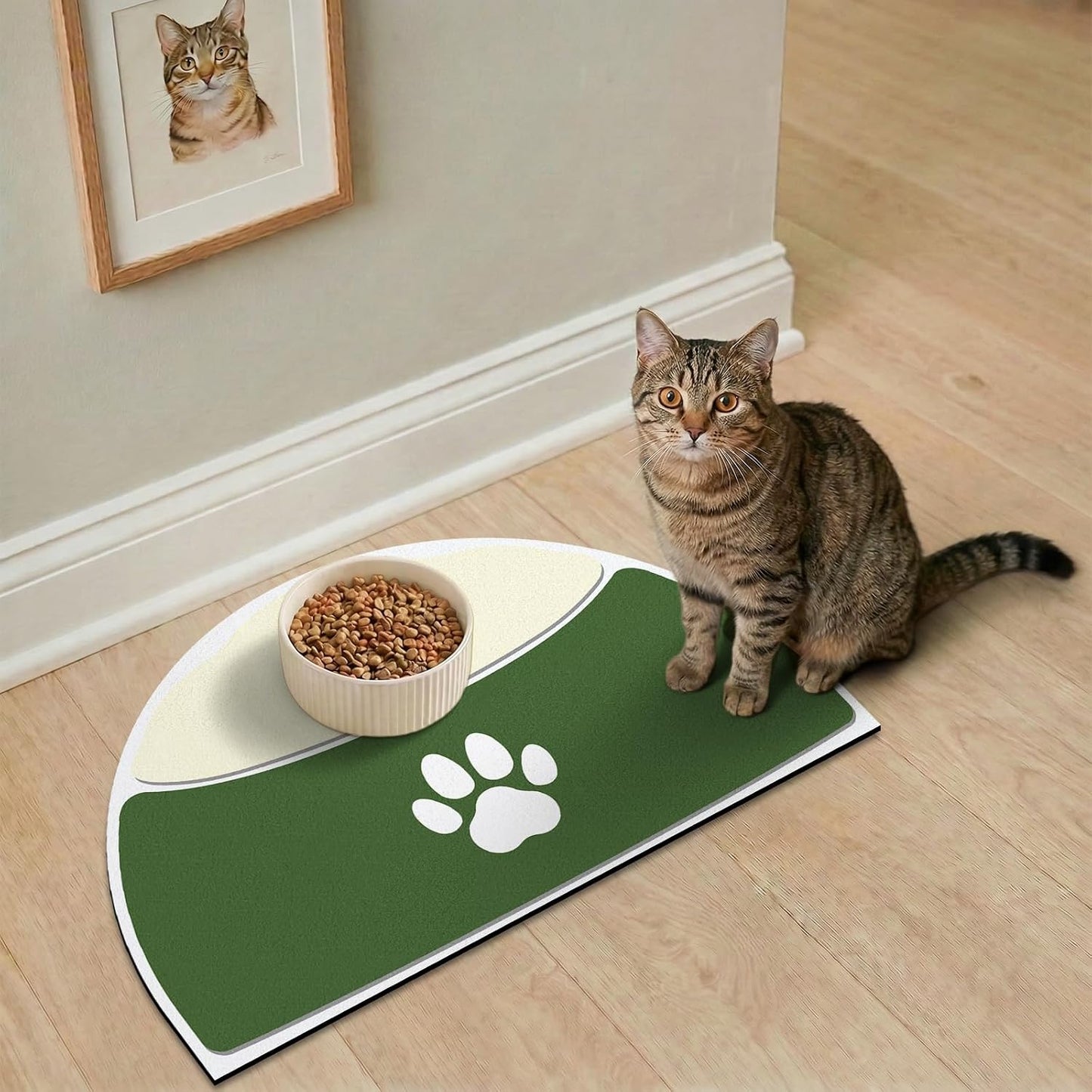 Cat Feeding Mat, 20''x12'' Absorbent Small Pet Food Mat, Wipe Clean Pet Placemats for Food and Water, Non-Slip Rubber Mat for Cat Bowls, Fit with Single Normal Cats Dogs Bowls, Green & Yellow
