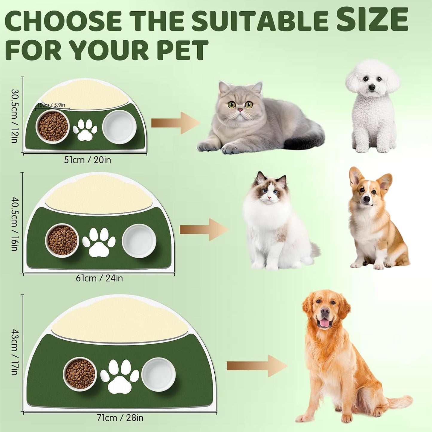 Cat Feeding Mat, 20''x12'' Absorbent Small Pet Food Mat, Wipe Clean Pet Placemats for Food and Water, Non-Slip Rubber Mat for Cat Bowls, Fit with Single Normal Cats Dogs Bowls, Green & Yellow