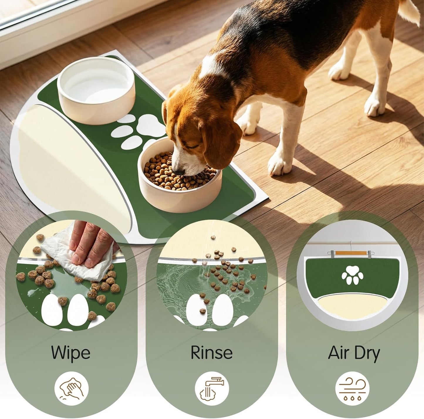 Cat Feeding Mat, 20''x12'' Absorbent Small Pet Food Mat, Wipe Clean Pet Placemats for Food and Water, Non-Slip Rubber Mat for Cat Bowls, Fit with Single Normal Cats Dogs Bowls, Green & Yellow