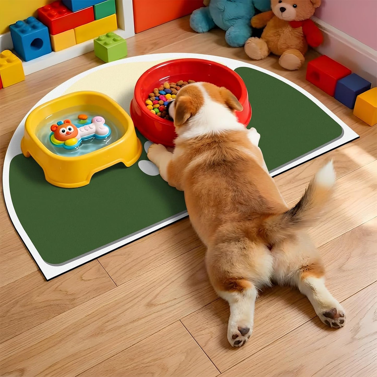 Cat Feeding Mat, 20''x12'' Absorbent Small Pet Food Mat, Wipe Clean Pet Placemats for Food and Water, Non-Slip Rubber Mat for Cat Bowls, Fit with Single Normal Cats Dogs Bowls, Green & Yellow
