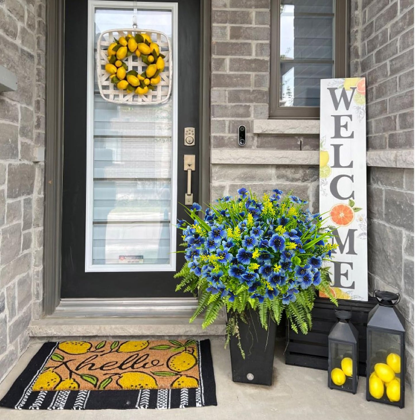 8 Bundles Artificial Flowers Outdoor Silk Fake Plants UV Resistant Faux Plastic Greenery Shrubs for Home Outside Garden Front Porch Window Box Pot Planters Decor (Blue+Yellow)