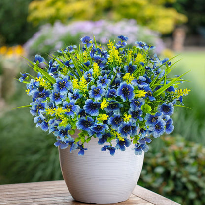 8 Bundles Artificial Flowers Outdoor Silk Fake Plants UV Resistant Faux Plastic Greenery Shrubs for Home Outside Garden Front Porch Window Box Pot Planters Decor (Blue+Yellow)